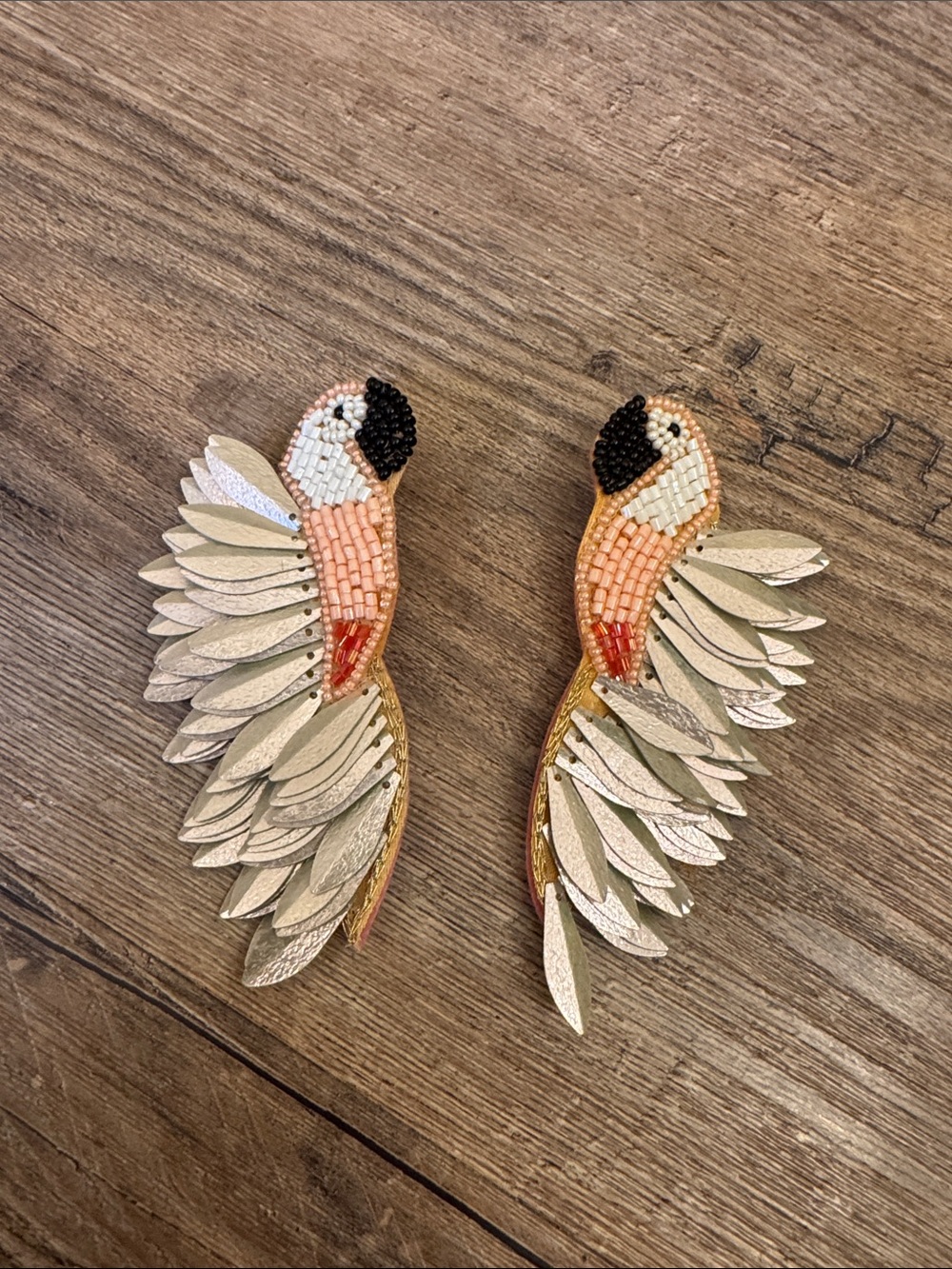 Peach & Cream Beaded Parrot Wing Earrings